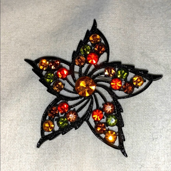 Vintage Retro Leaf w/Orange, Green & Gold Crystals - Picture 3 of 7